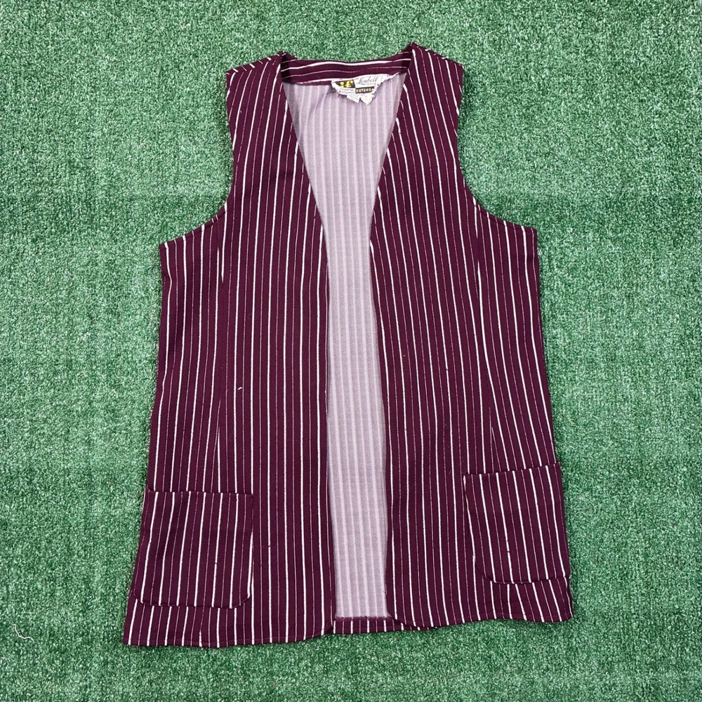 Vintage 70s Loubell Skirts Pinstripe Vest Cardigan Maroon White